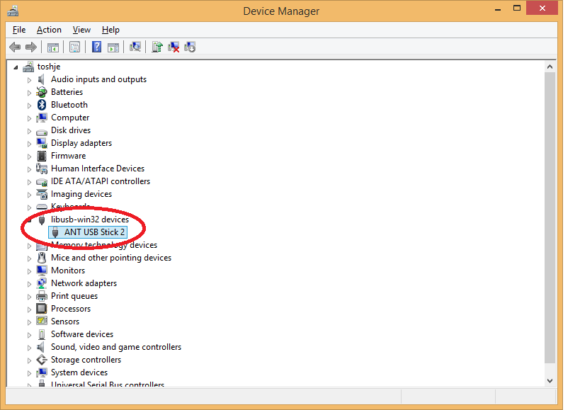 Windows Device Manager showing ANT+ USB stick